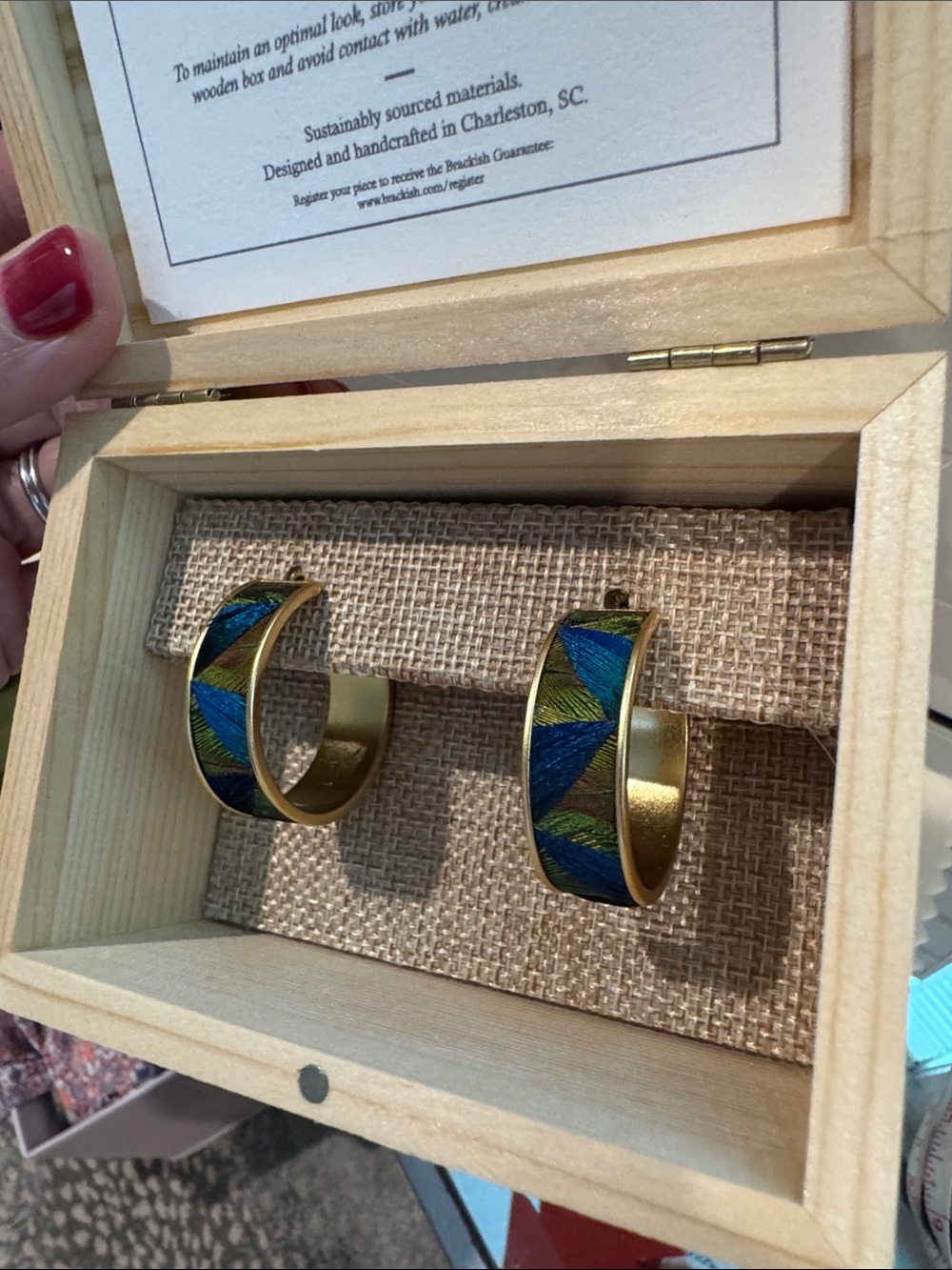 Brackish Gold Hoop Earrings with Blue and Green Feather Inlay